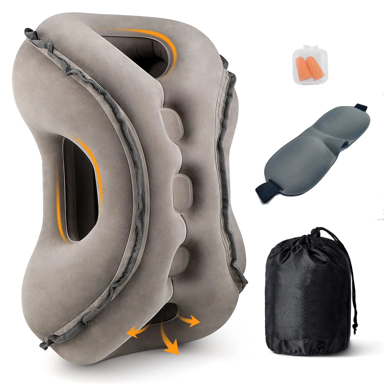 Inflatable Travel Neck Pillow Ergonomic Airplane Head and Neck Support Cushion – Grey