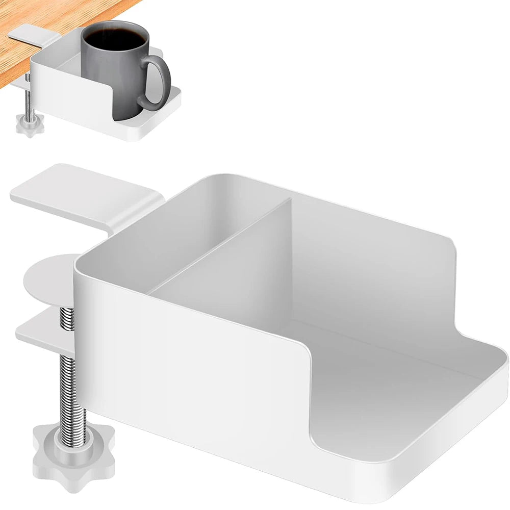 Under Desk Storage Cabinet with Cup Holder and Phone Stand Clamp-On Desk Organizer No Drill Installation – White