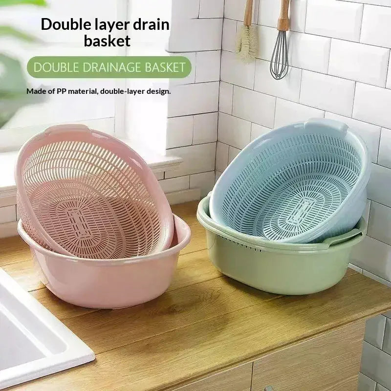 Double Layer Colander Set 30.4cm Plastic Vegetable Fruit Washing Bowl - Pink