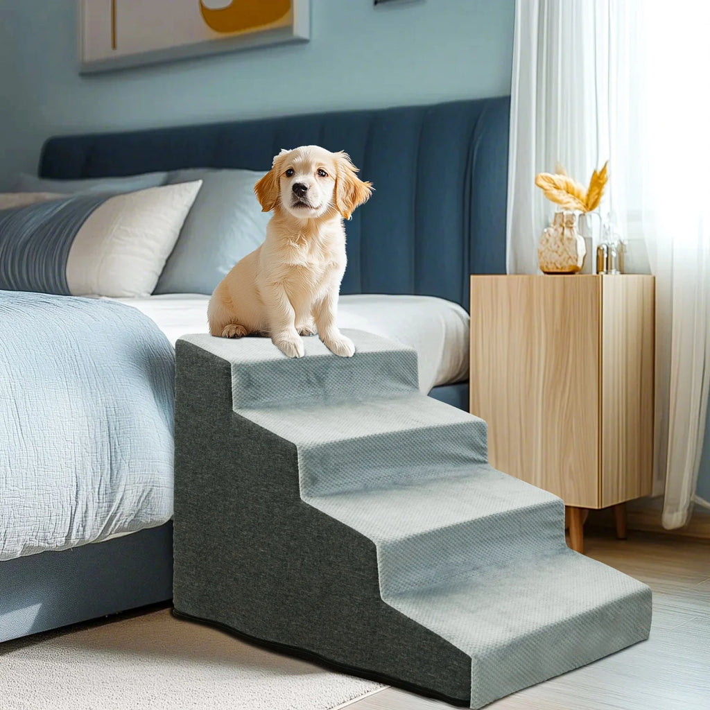 4 Step Non-Slip Dog Stairs Ramp with Washable Cover Soft Foam Pet Steps for Sofa Bed and Couch – Grey