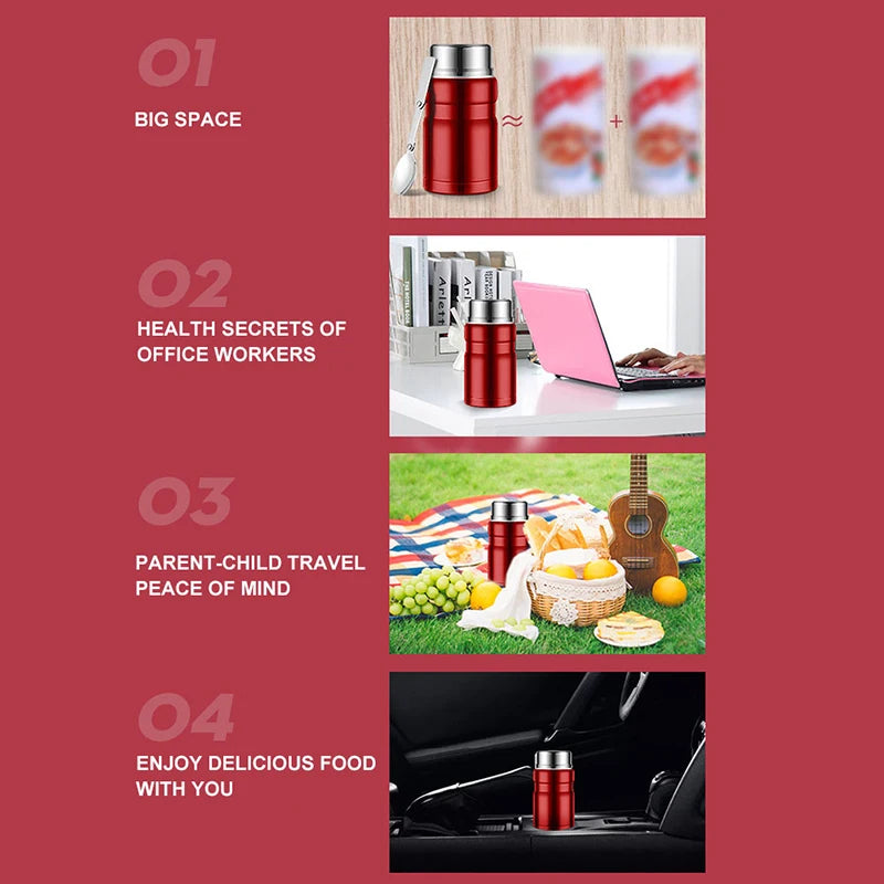 750ml Stainless Steel Insulated Food Thermos Jar with Folding Spoon – Black