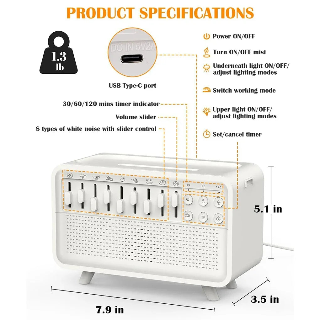 Speaker Humidifier Portable LED Night Light 200ml USB Desktop Aroma Machine White