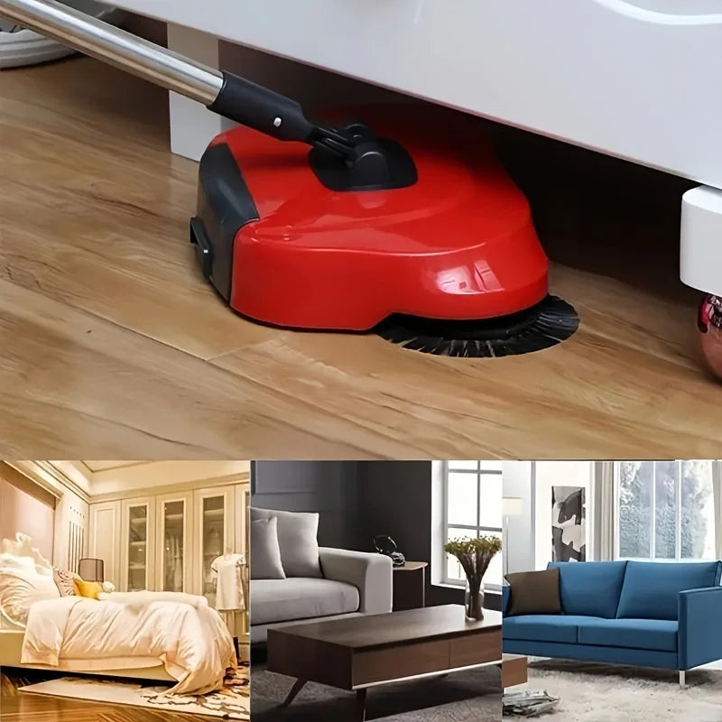 Hand Push Sweeper 360° Rotating Floor Cleaner with Adjustable Handle Manual Cleaning Tool - Red with Mop Clamp