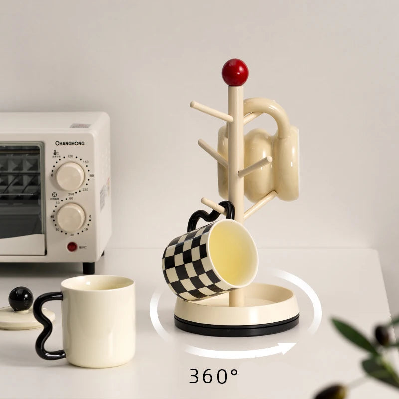 Rotating Wooden Mug Tree Cup Holder Countertop Coffee Cup Drying Rack Storage Stand – Black