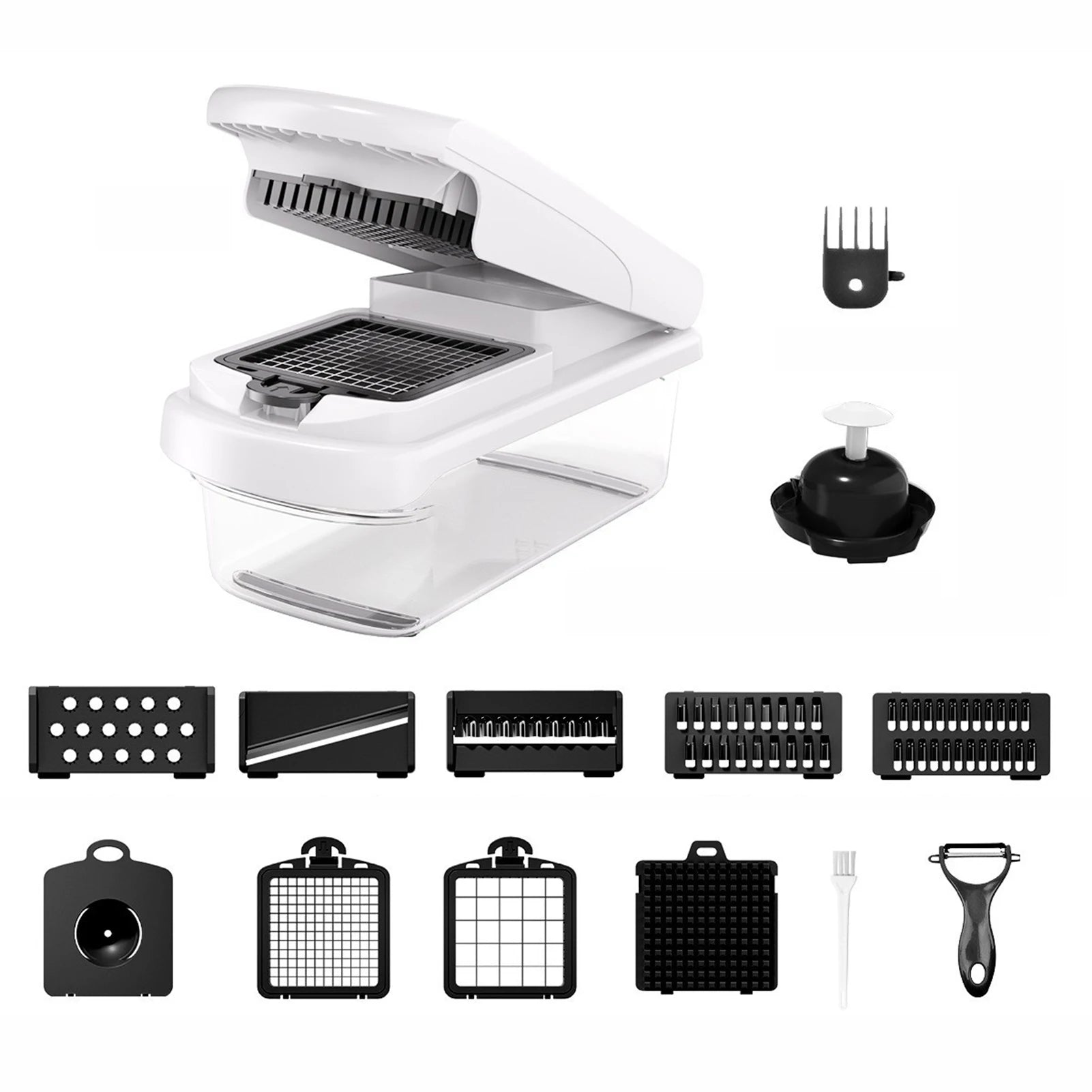 Vegetable Chopper 15 in 1 Multifunction Food Cutter with 8 Interchangeable Blades Container – White