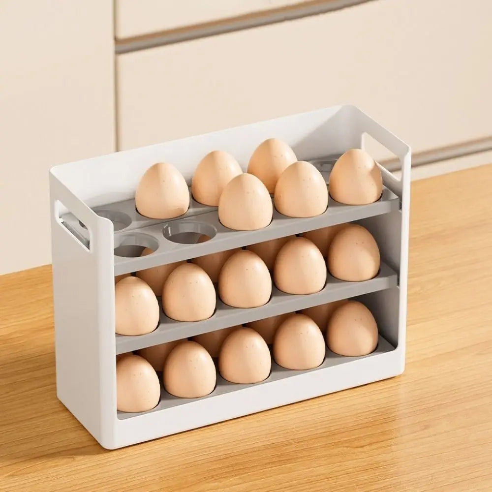 Egg Storage Box 30 Grid 3 Tier Flip-Top Plastic Fridge Organiser - White