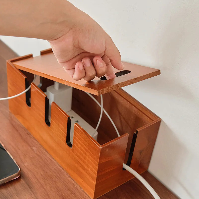 Cable Storage Box 30.5 cm Wooden Desktop Organiser with Lid for Power Cords and Charging Accessories