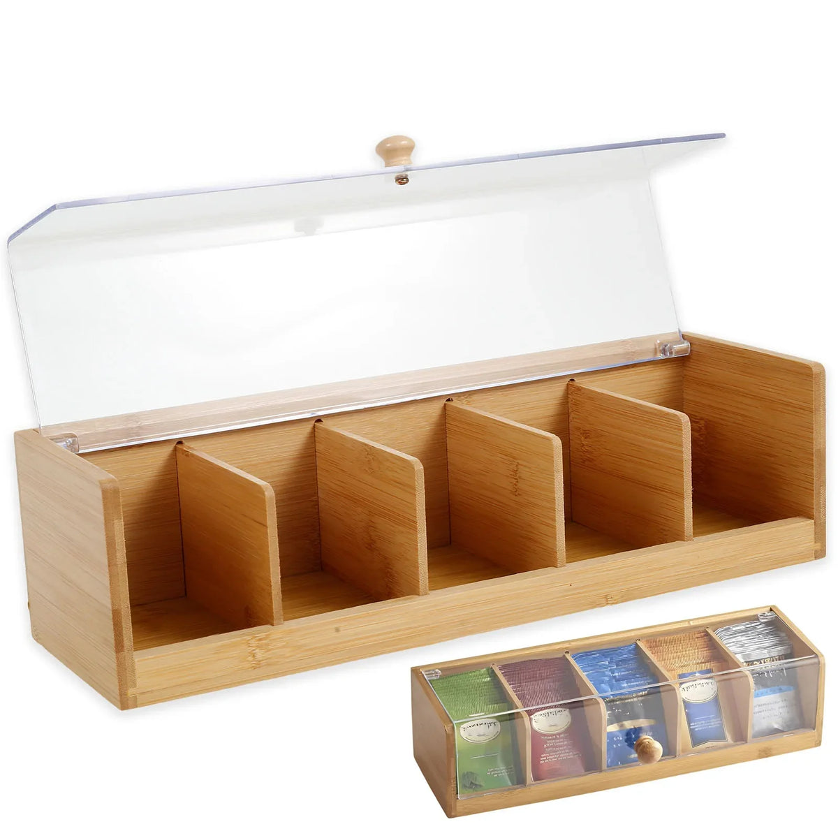 Tea Bag Organiser Bamboo Storage Box with 5 Compartments and Clear Lid