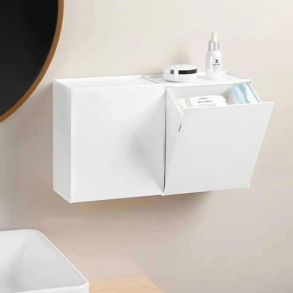 Wall Mounted Hidden Storage Cabinet No Drill Bathroom Organizer Flip Door Space Saving Storage Box – White