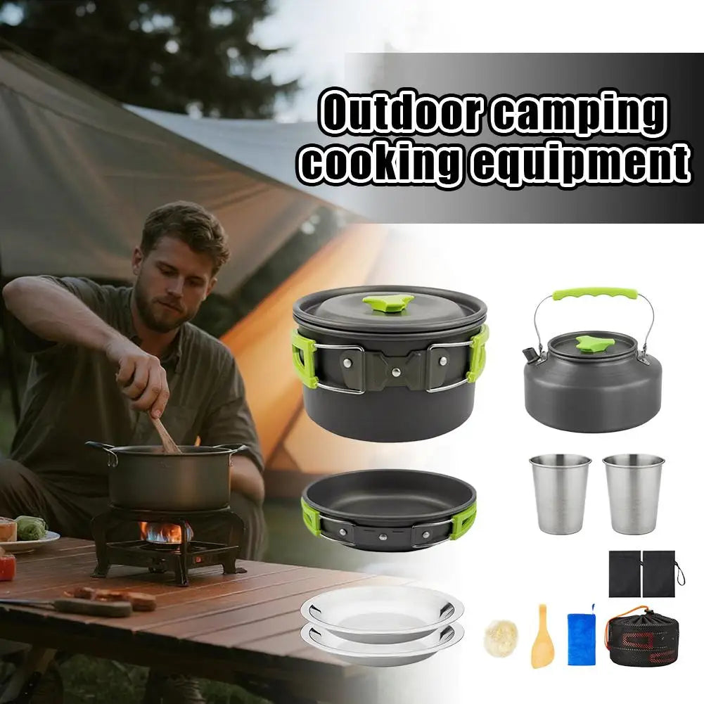 Camping Cookware Set 2-3 Person Aluminum Pots Pans Kettle Kit - Orange