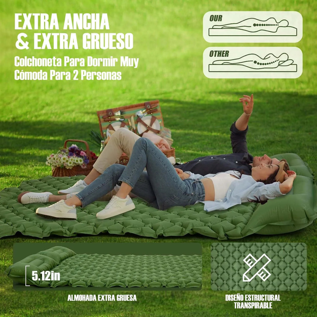 Camping Sleeping Pad Double Inflatable Mattress 190cm Portable Ultralight Folding Bed - Green