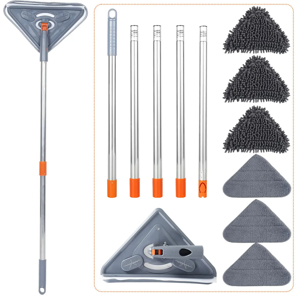 Wall Cleaning Mop 360° Rotating Triangle Head with Extendable Handle 63.5–216cm 6 Reusable Pads - Multi Piece Set