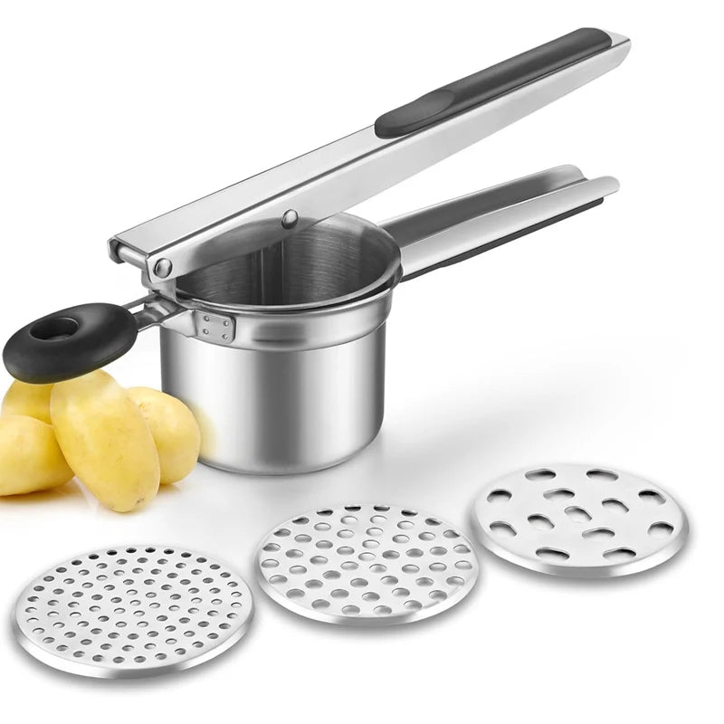 Potato Ricer 9.3cm Stainless Steel Press with 3 Interchangeable Discs Compact Kitchen Tool