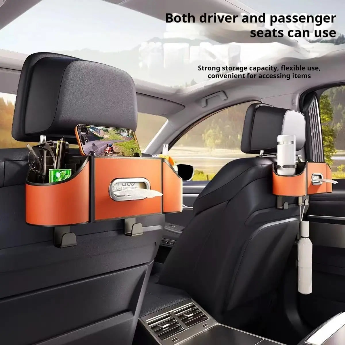 Backseat Car Organiser 4 in 1 Storage with Cup Holders Tissue Holder Phone Tray - Orange
