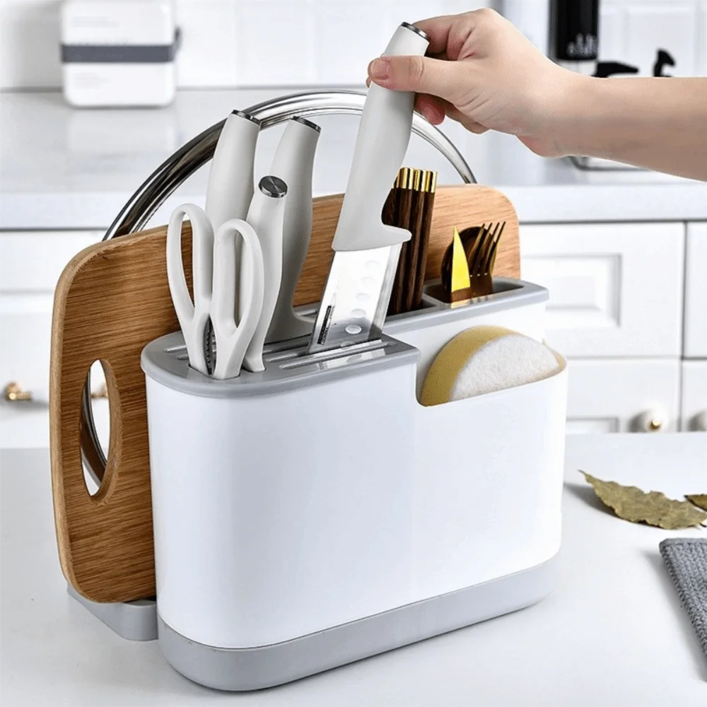 Large Capacity Kitchen Cutlery Holder Chopping Board Rack with Self-Draining Storage Organizer – Grey