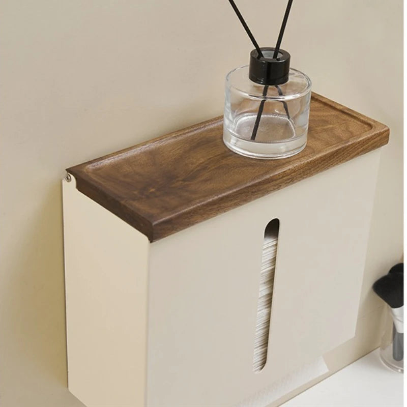 Portable Wooden Wall Mounted Large Toilet Tissue Holder Storage Box, Cream Bathroom Organizer