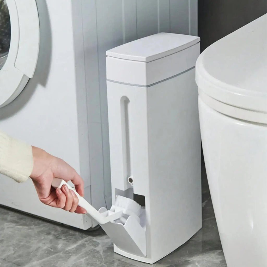 Bathroom Trash Can and Toilet Brush Combo 4.5L Slim Design with Lid Space Saving Set White