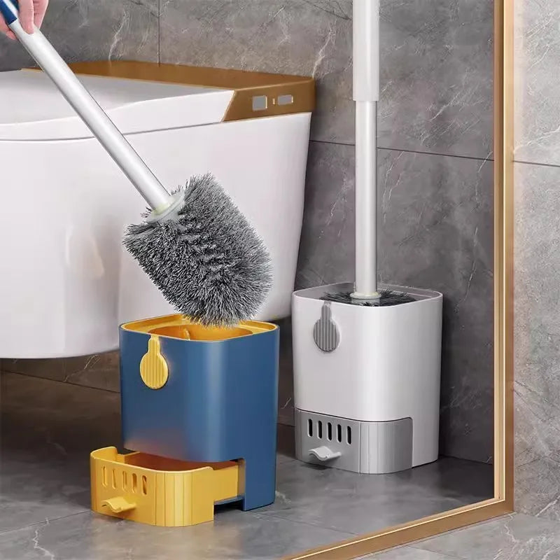 Long Handle Toilet Brush with Drain Base Wall Mounted No Drill Bathroom Cleaning Brush Set – White