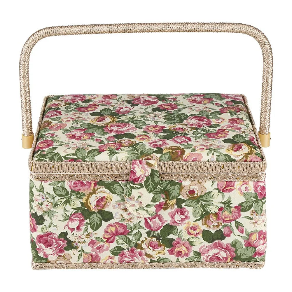 Portable Floral Fabric Sewing Storage Box Organizer with Handle Craft Tool Case