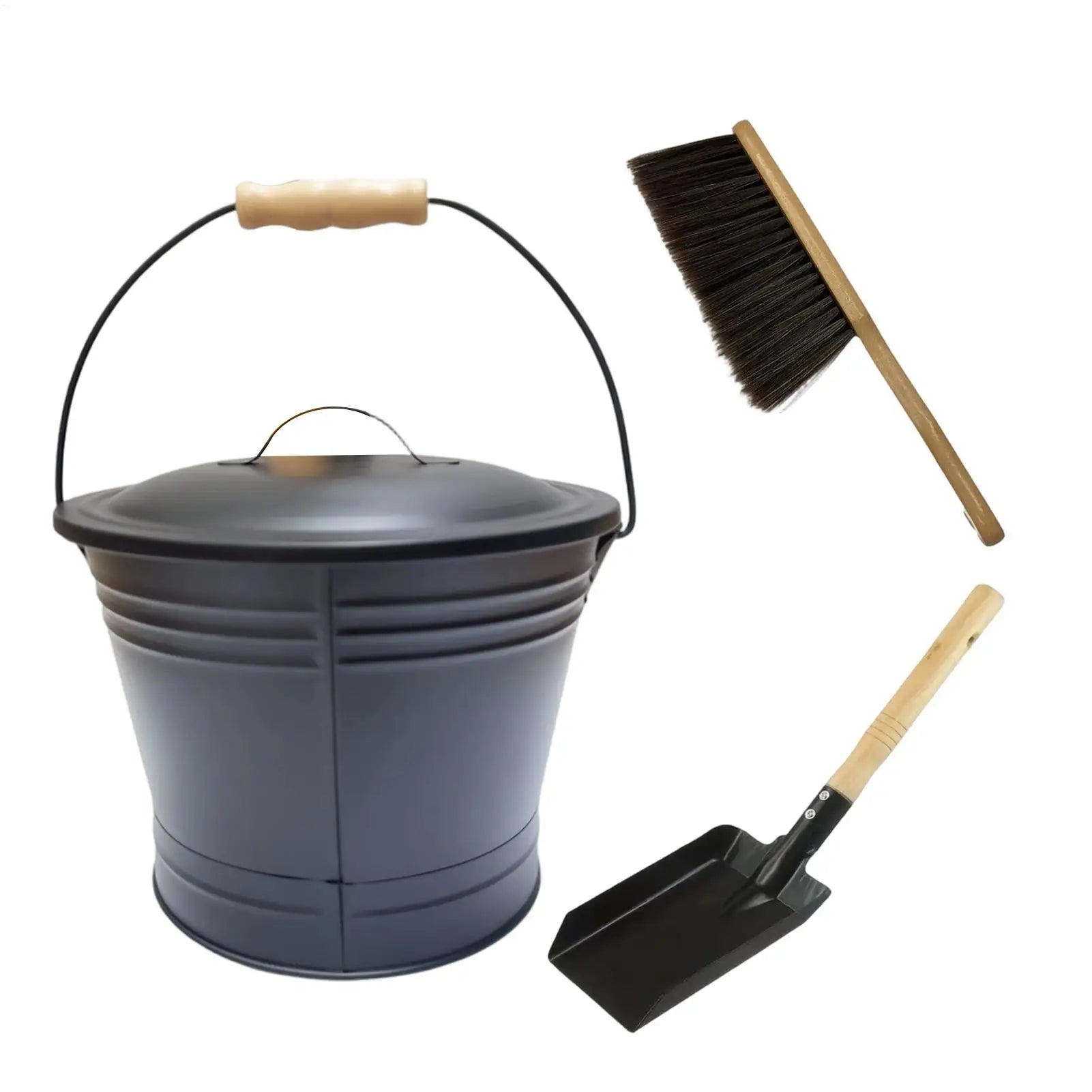 Ash Bucket 18cm Metal Fireplace Collection Can with Lid Shovel and Broom Set