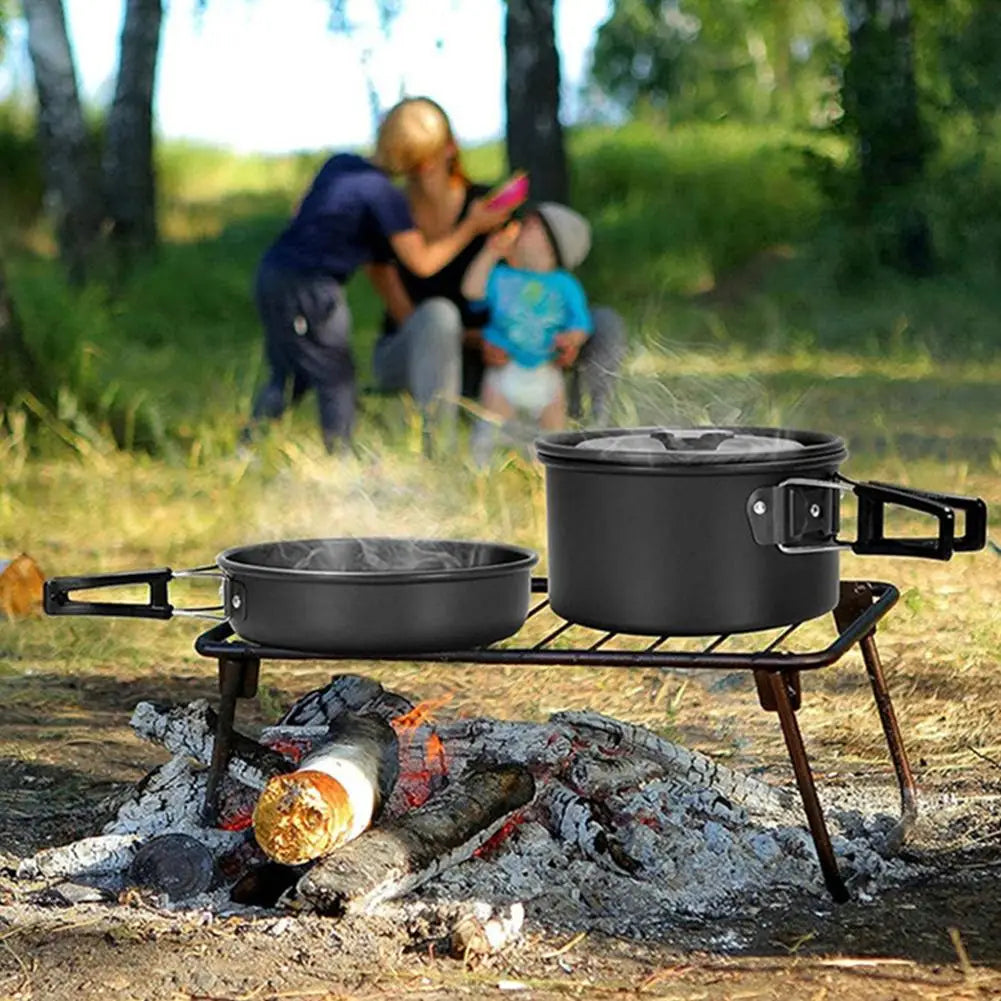 Camping Cookware Set 2-3 Person Aluminum Pots Pans Kettle Kit - Black
