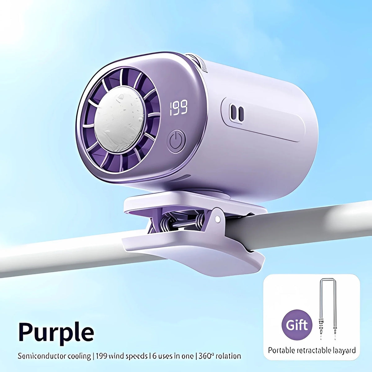 Mini Portable Clip Fan 360° Adjustable USB Rechargeable Car & Outdoor Cooling Fan – Purple