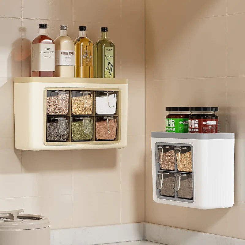 Seasoning Box 4 Compartment Wall Mounted Food Grade Spice Storage Container Rack – Cream