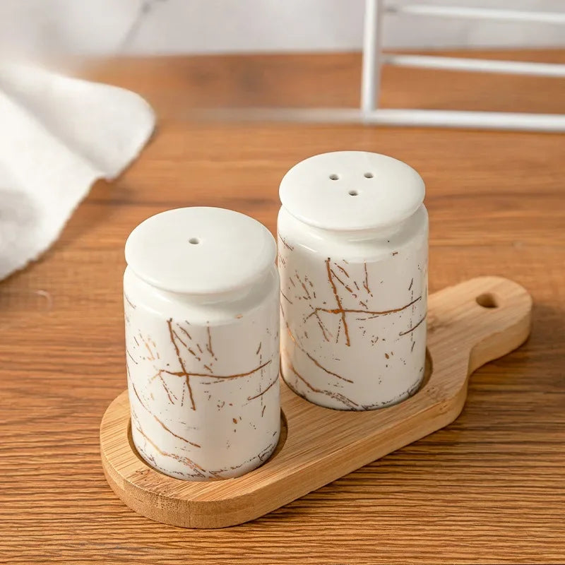 Ceramic Salt and Pepper Jar Set with Wooden Tray Nordic Spice Containers - White