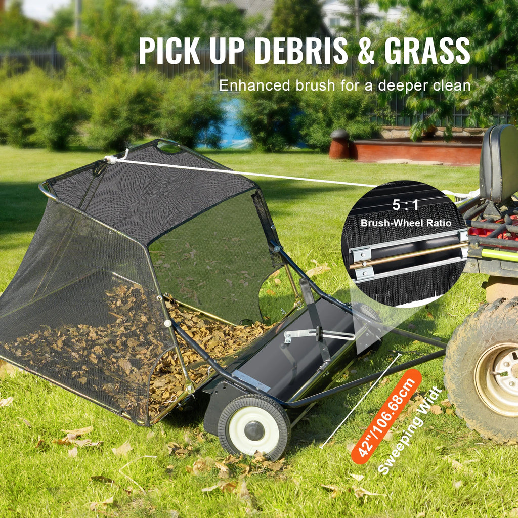 Lawn Sweeper 42 Inch Tow Behind Leaf Collector 26 Cu Ft Yard Grass Sweeper