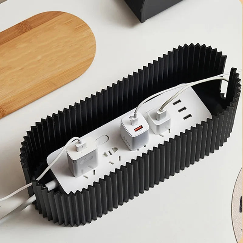 Cable Management Box 33cm Bamboo Cover Wire Storage Box Power Strip Organizer - Beige