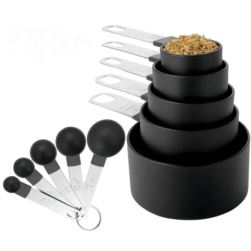 10-Piece Measuring Cups and Spoons Set Nesting Kitchen Baking Tools – Black