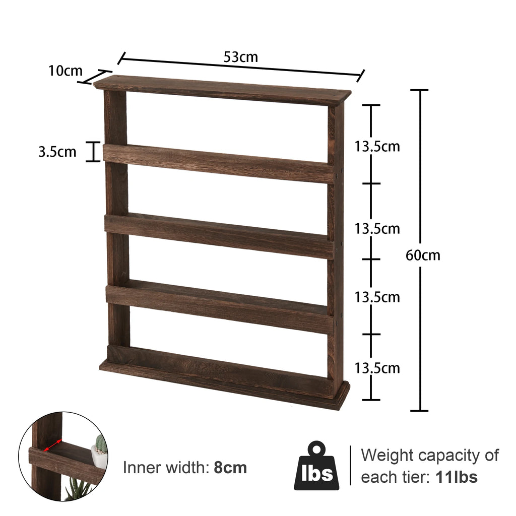 Floating Spice Rack 4 Tier Wall Mounted Wooden Kitchen Shelf Organiser - Brown