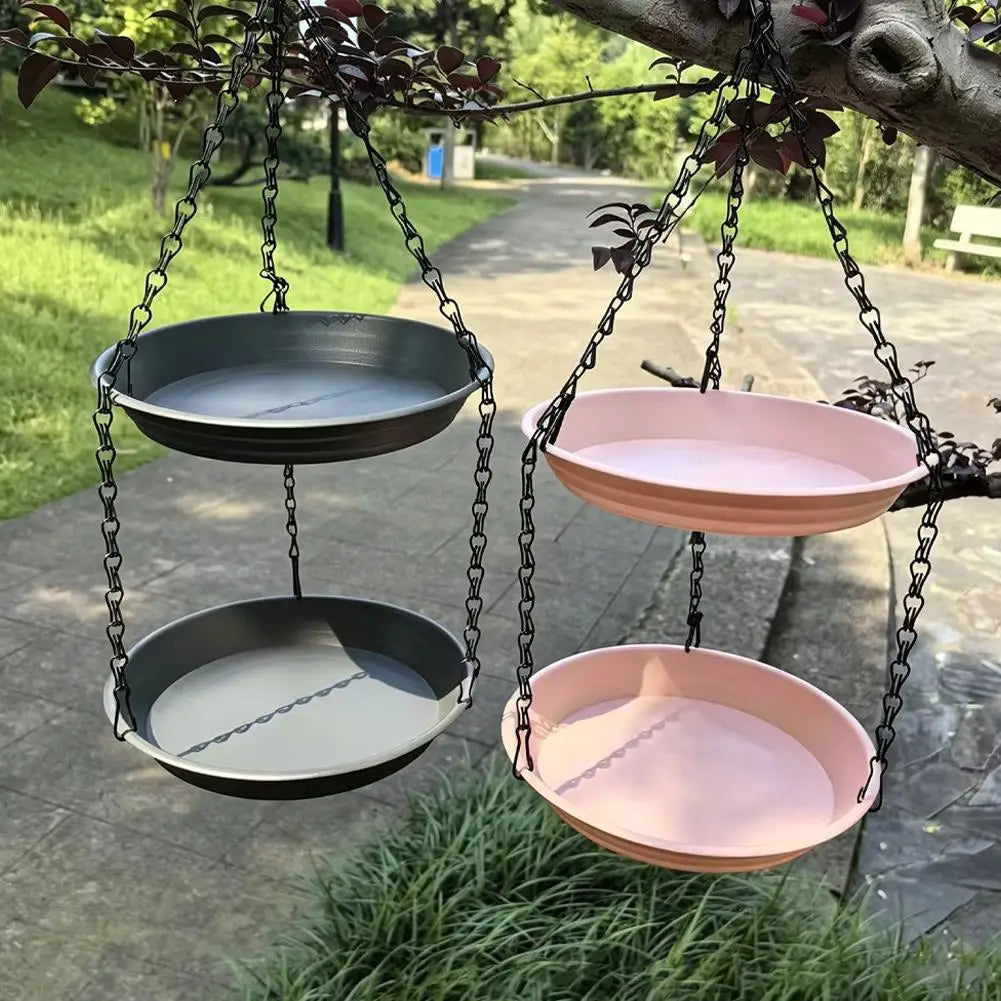 Outdoor Hanging Bird Bath and Double-Tier Bird Feeder Dish with Water Bowl and Chain – Green