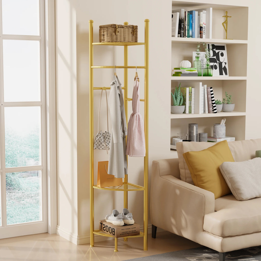 Freestanding Gold Coat Rack with Storage Shelves Heavy Duty Metal Hall Tree for Bedroom Entryway and Hallway