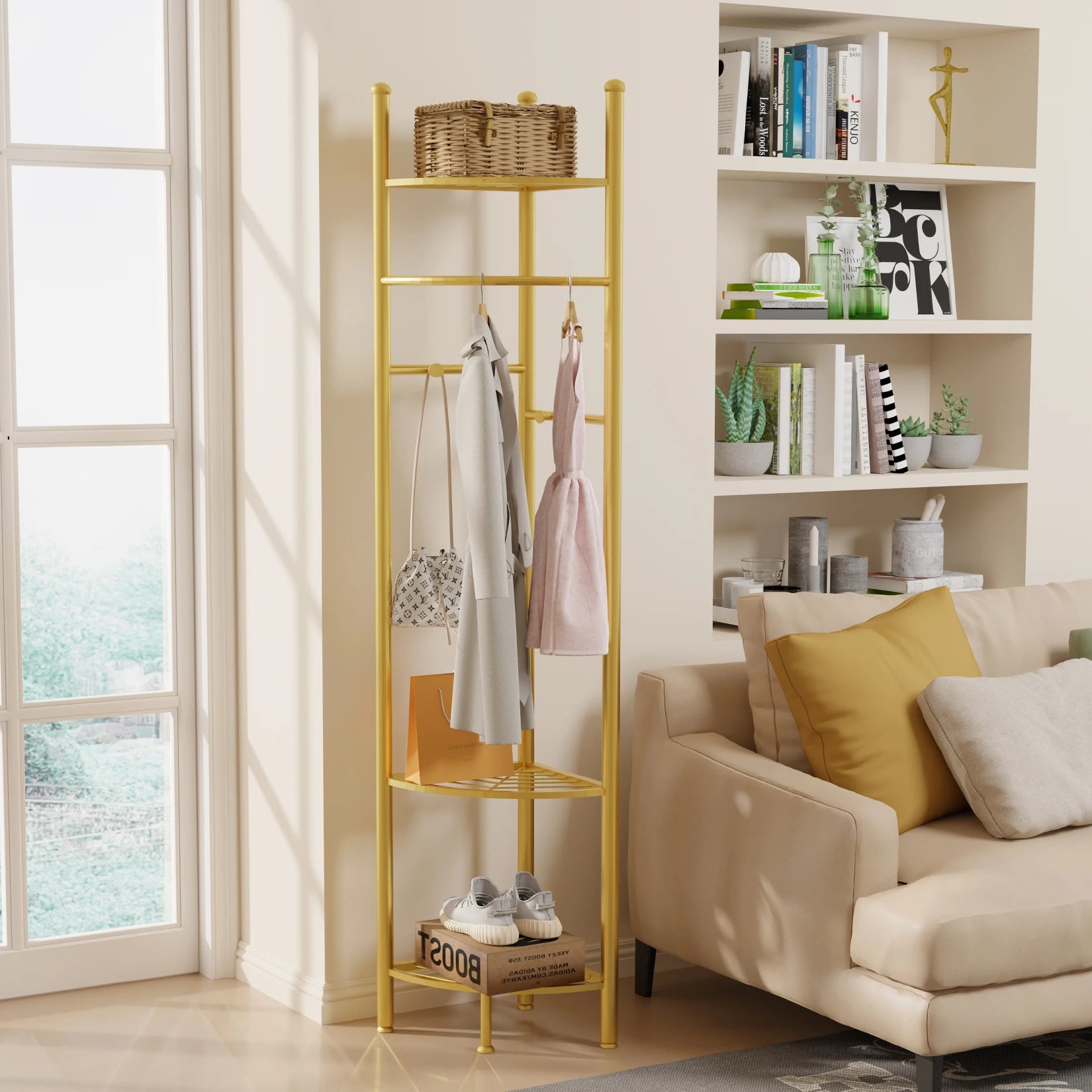 Freestanding Gold Coat Rack with Storage Shelves Heavy Duty Metal Hall Tree for Bedroom Entryway and Hallway