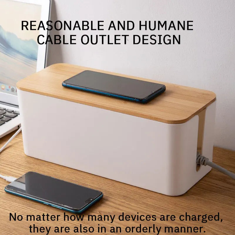 Cable Management Box 32cm Bamboo Lid Wire Organiser Power Board Storage Container - Black