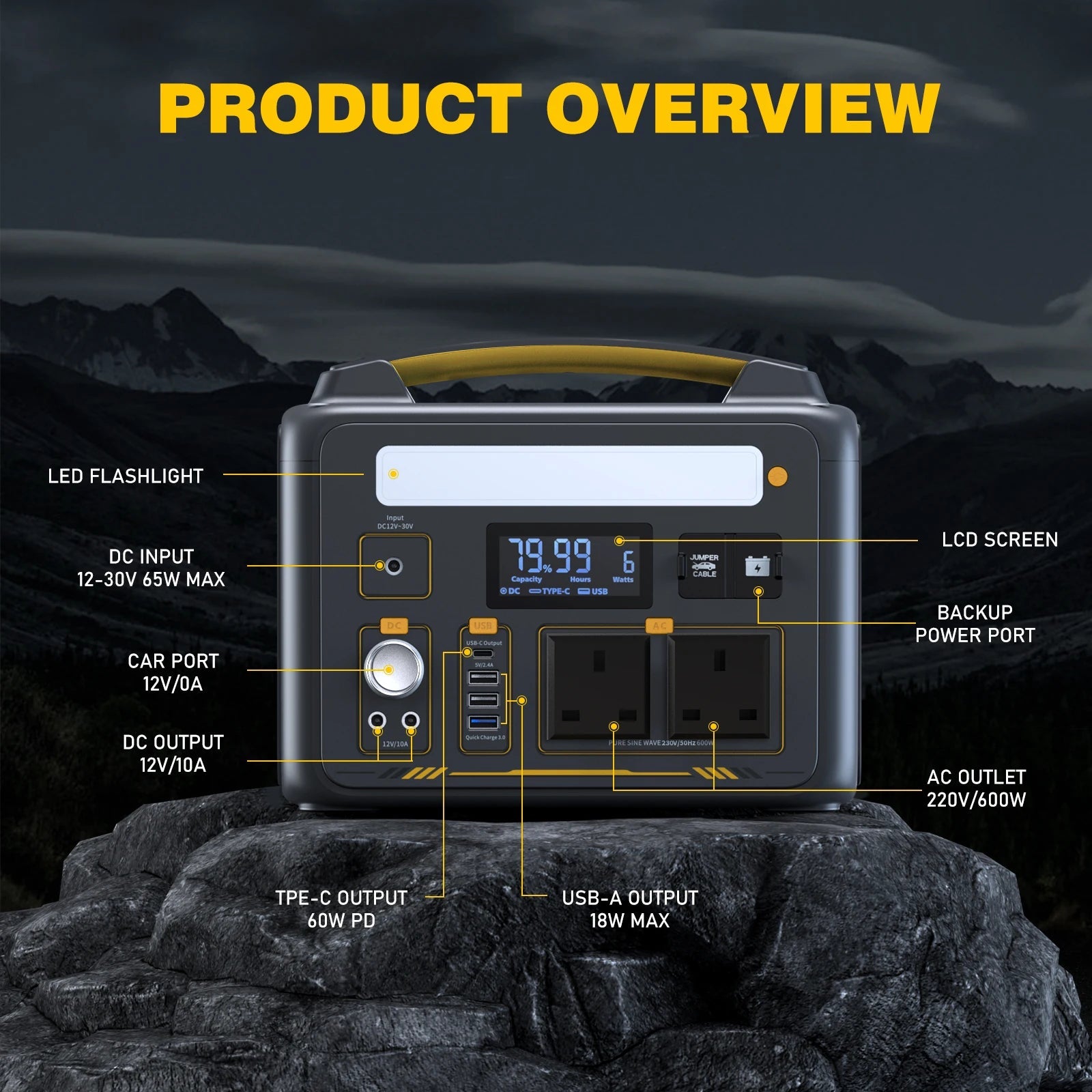 Portable Power Station 299Wh 600W LiFePO4 Battery Emergency Backup Power Supply – Grey