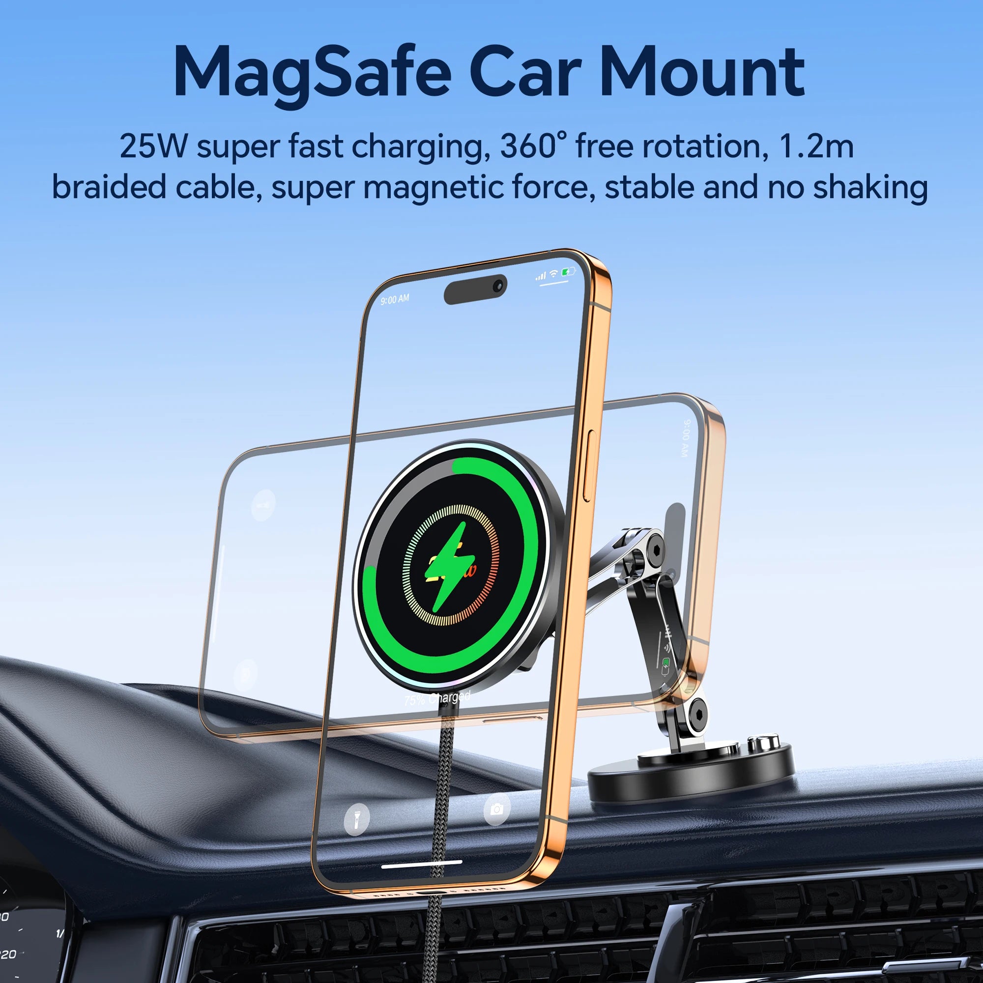Car Phone Holder 25W Wireless Charging Dashboard Mount Adjustable Zinc Alloy Charging Stand Universal