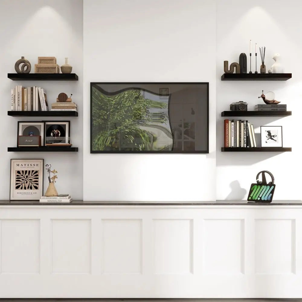 Floating Shelf Wooden Wall Mounted Storage Shelf with Iron Bracket - Black