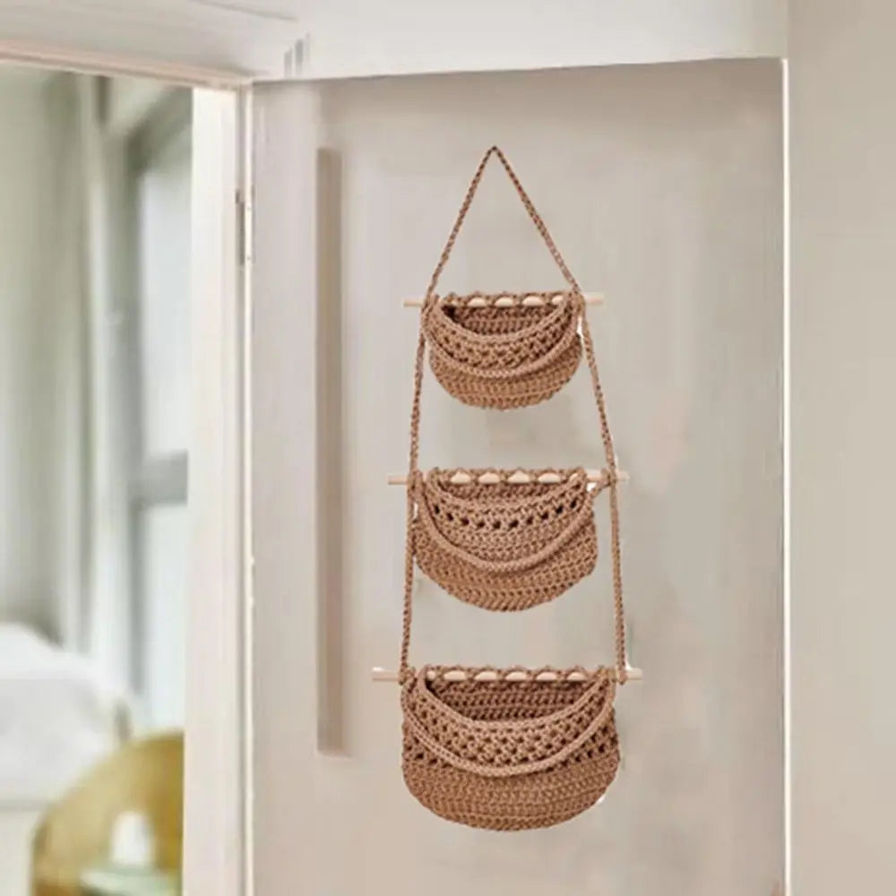 3 Tier Cotton Rope Hanging Storage Basket Wall Mounted Organizer – Beige
