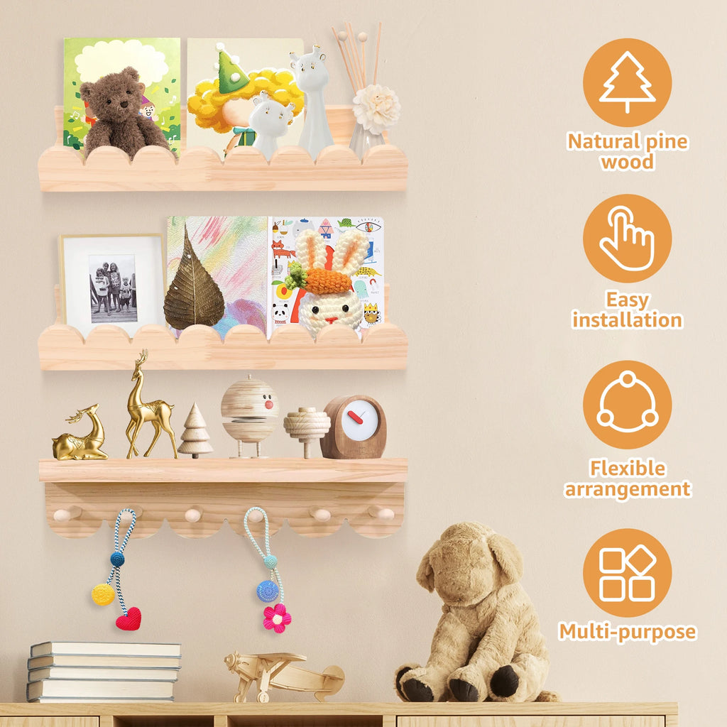 Wood Floating Wall Shelf Set with Scalloped Edge and Hooks – 3 Pieces