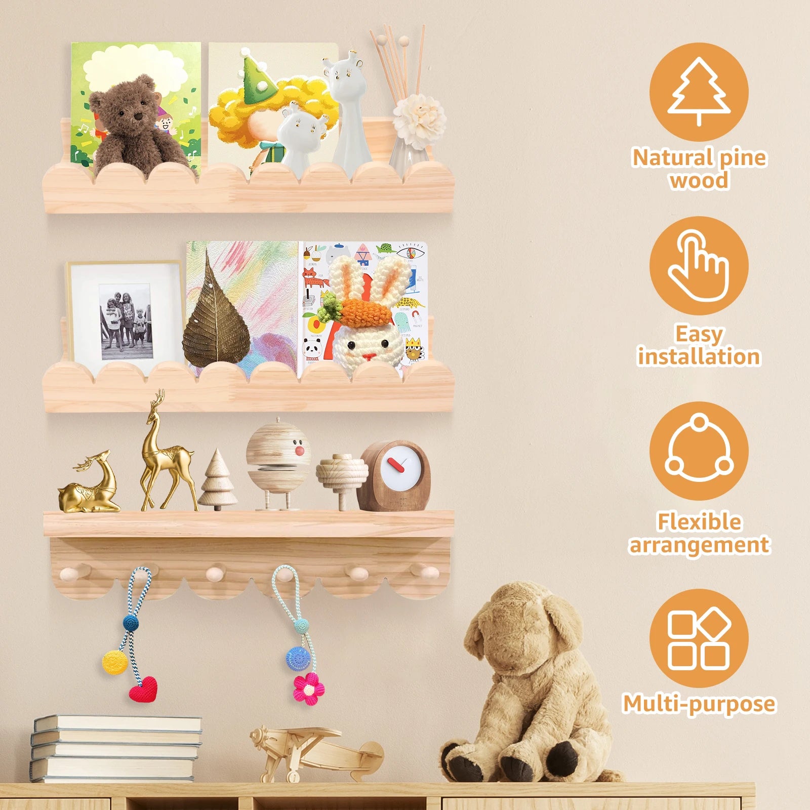 Wood Floating Wall Shelf Set with Scalloped Edge and Hooks – 3 Pieces