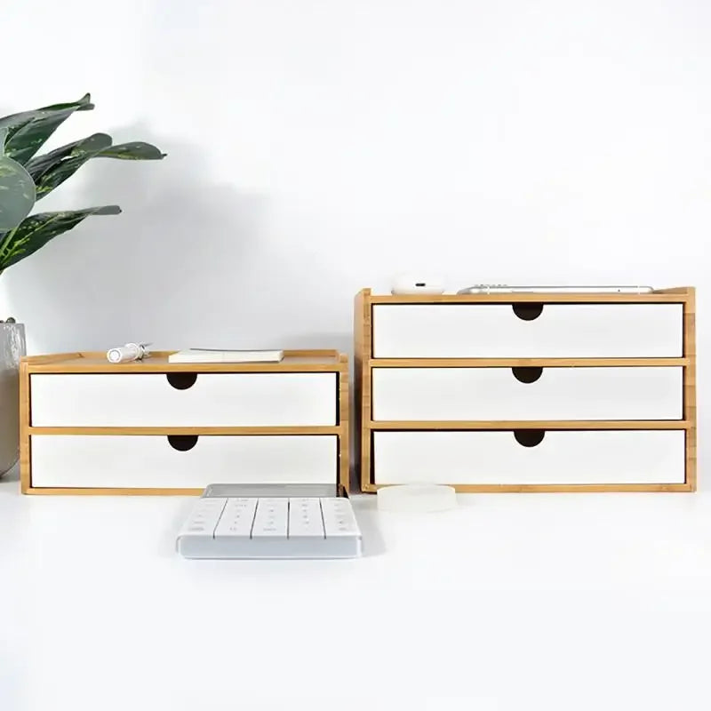 Storage Box Bamboo Desktop Organizer 2 Layer Drawer Design