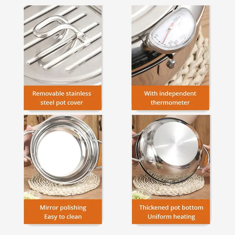 Oil Frying Pan 24 cm Stainless Steel Deep Frying Pot with Thermometer, Lid and Drain Rack