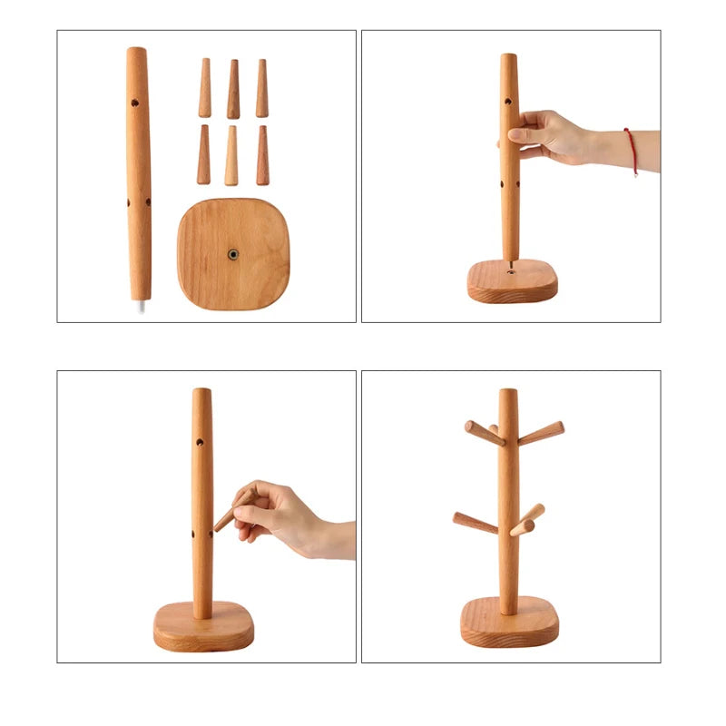 Wooden Cup Holder Double Tier Countertop Mug Drying Rack Space Saving Kitchen Cup Organiser