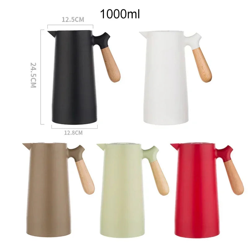 Insulated Flask Jug 1 L Double Wall Press Pour with Wooden Handle - Black