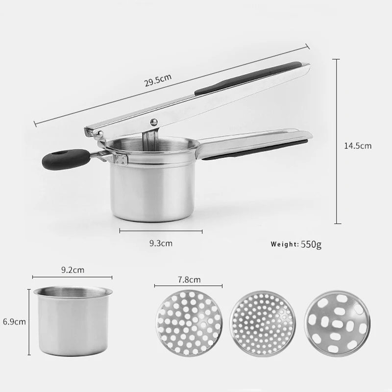 Potato Ricer 9.3cm Stainless Steel Press with 3 Interchangeable Discs Compact Kitchen Tool