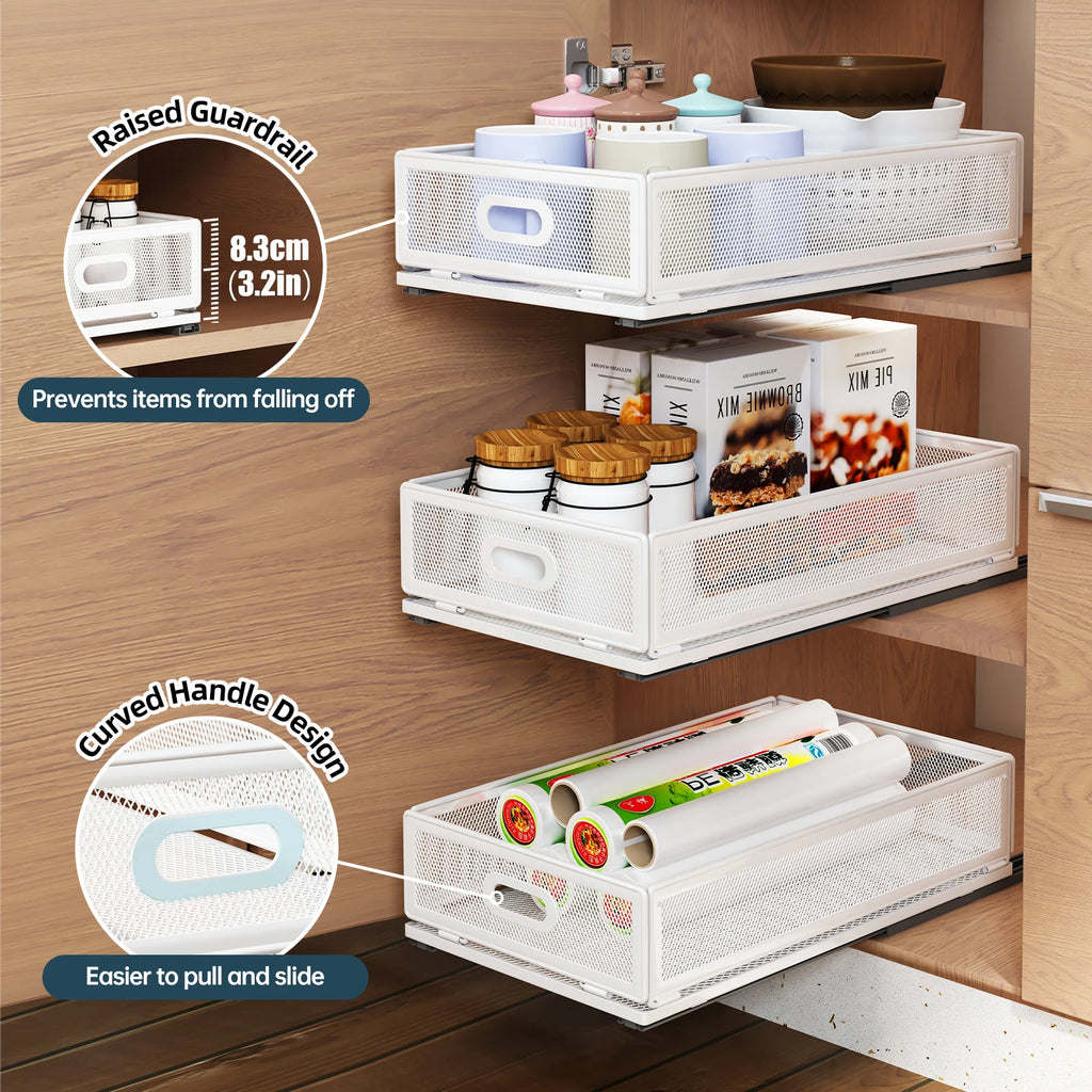 Pull-Out Metal Under Sink Storage Basket with Slide Rail, No-Drill Cabinet Organizer - White