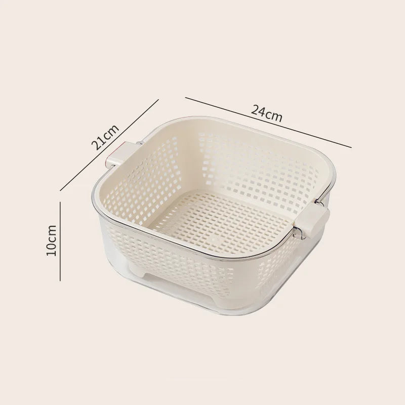 Kitchen Double Drain Wash Basket Large Capacity Fruit and Vegetable Washing Basin with Colander – White