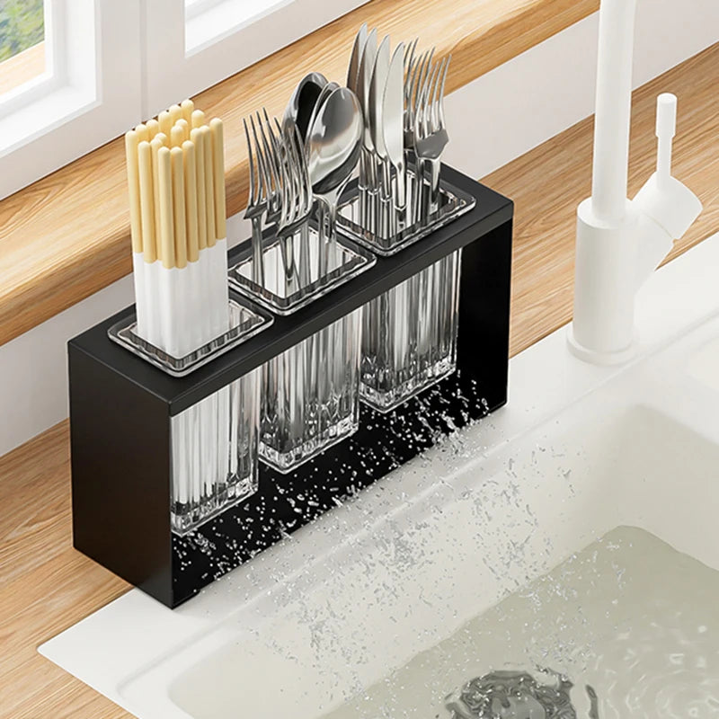 Cutlery Holder 4 Compartment Auto Draining Kitchen Utensil Drying Rack Countertop Organiser – Black